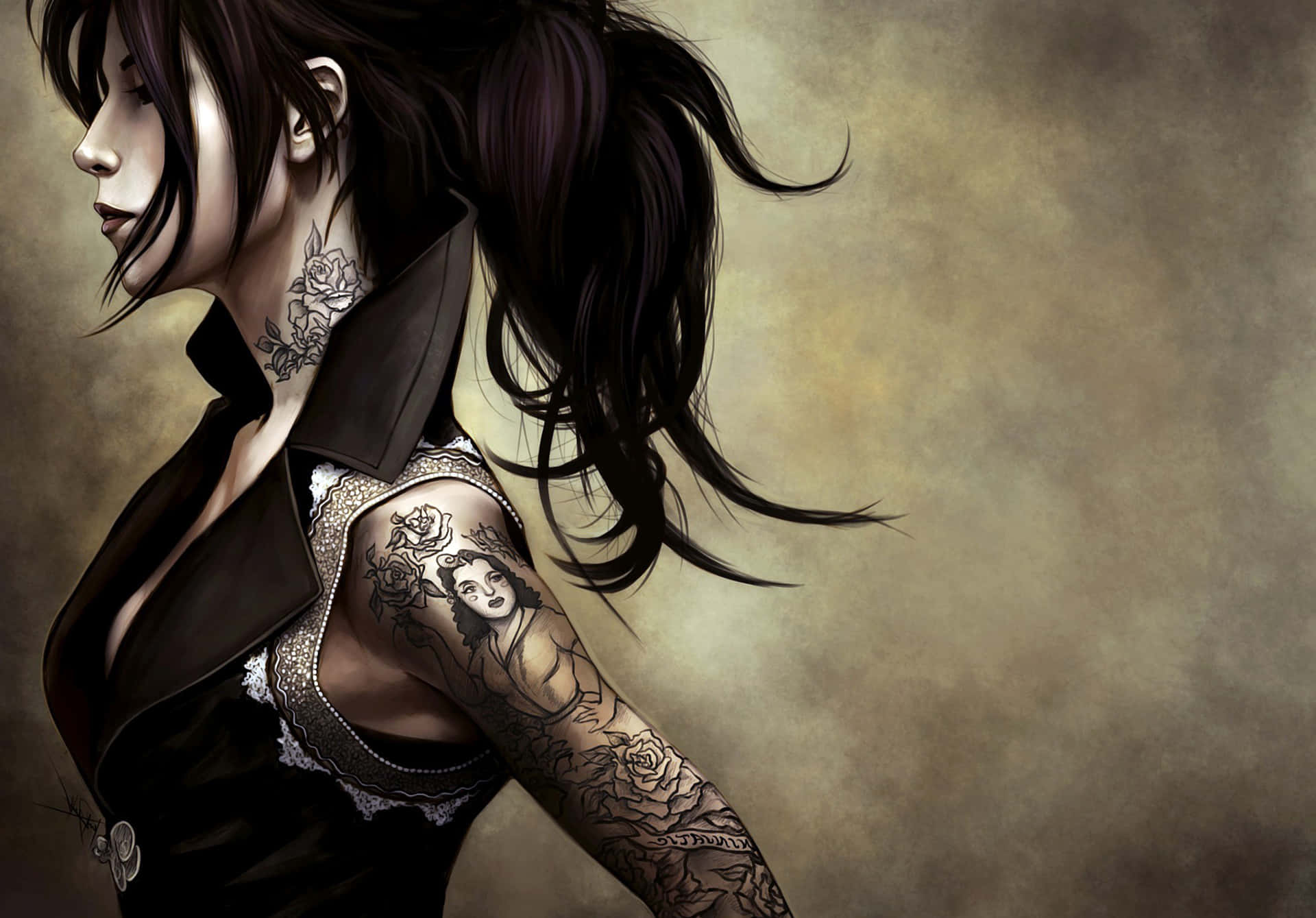 Cool Girl Illustrated Tatuaje En El Cuello Background