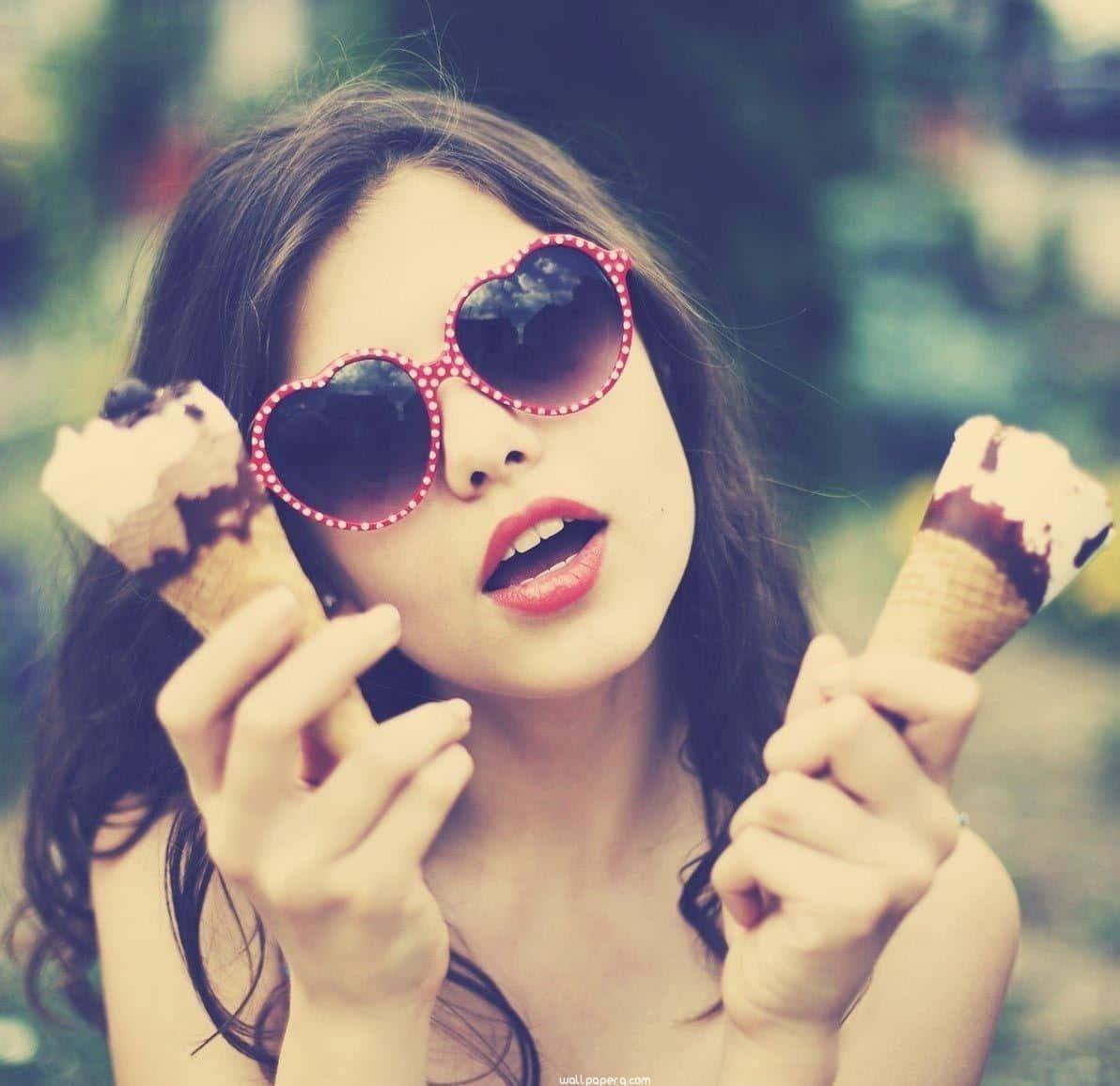 Cool Girl Profile Holding Ice Cream Cones Background