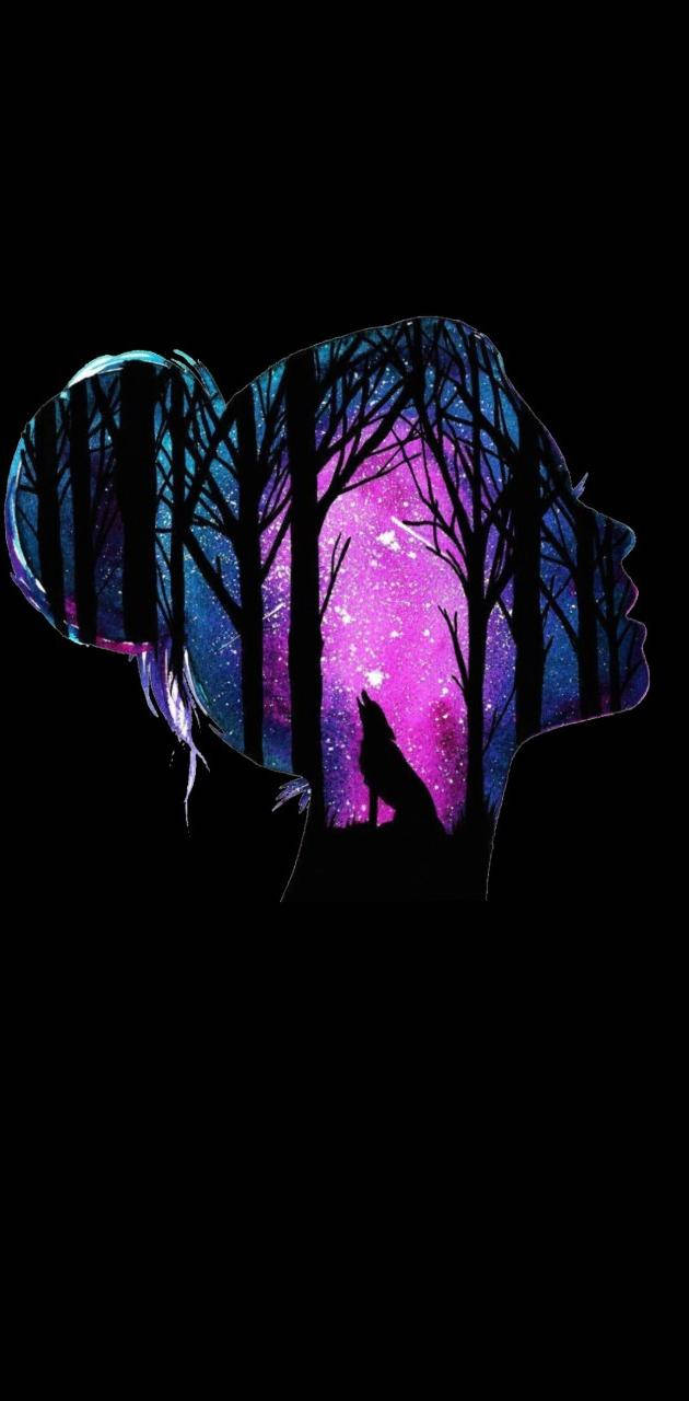 Cool Girl Silhouette With Galaxy Wolf Background