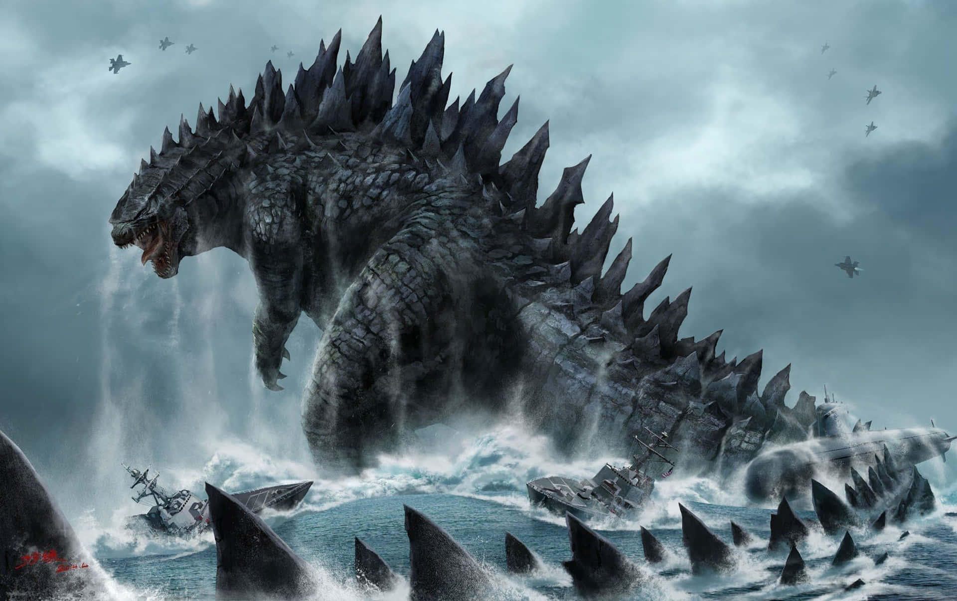 Cool Godzilla Attack In The Ocean Background