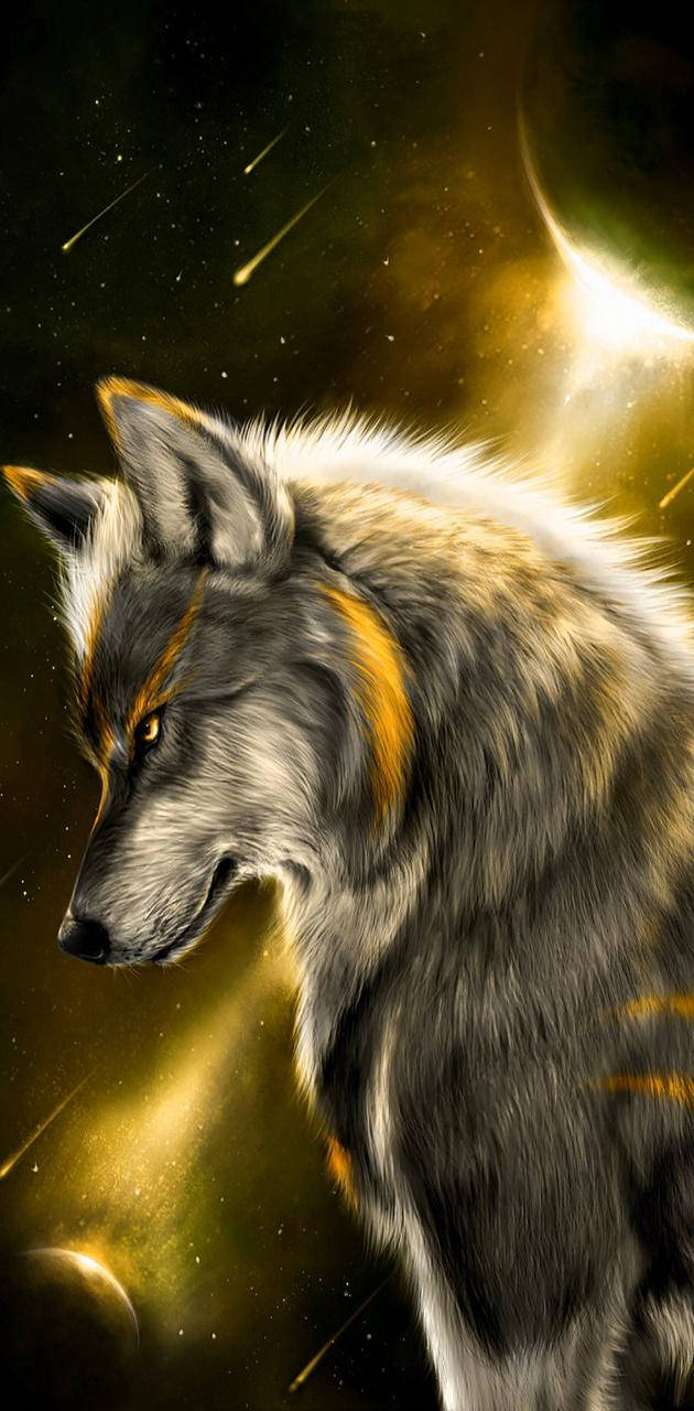 Cool Golden Galaxy Over Fierce Wolf Background