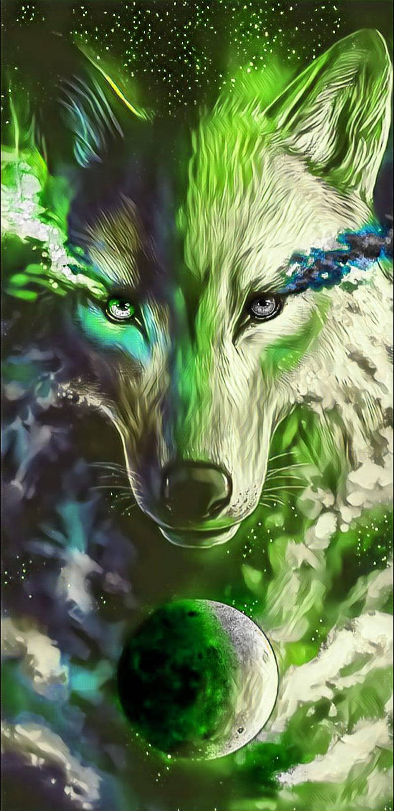 Cool Green Painting Of Galaxy And Wolf Background