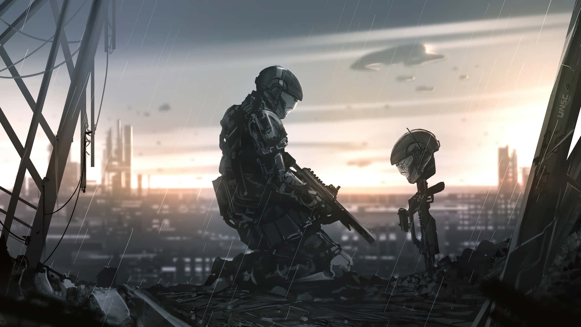 Cool Halo Kneeling On Battlefield Background