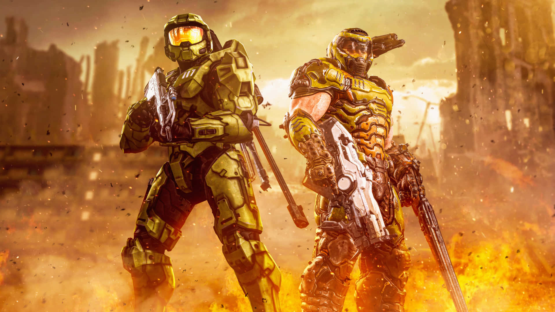 Cool Halo Soldier In Burning Battlefield Background