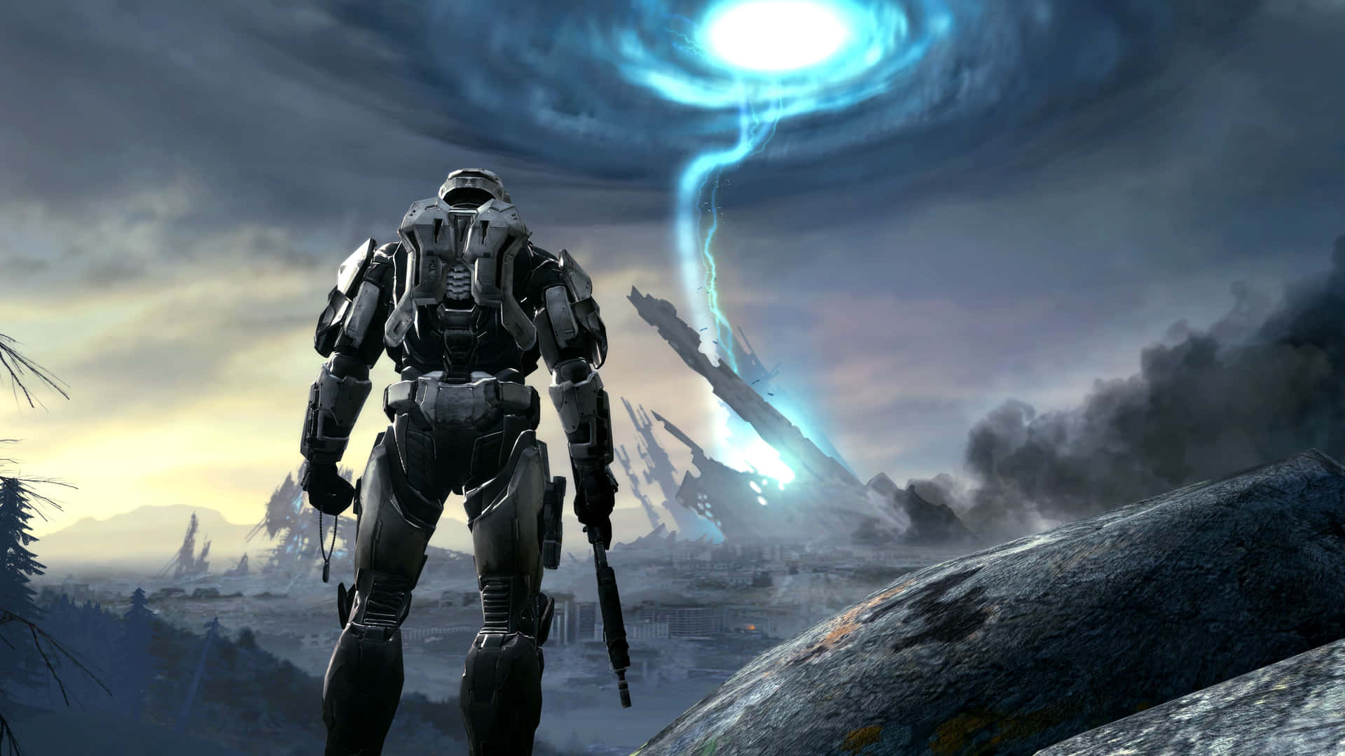 Cool Halo Soldier With A Thunder Cloud Background