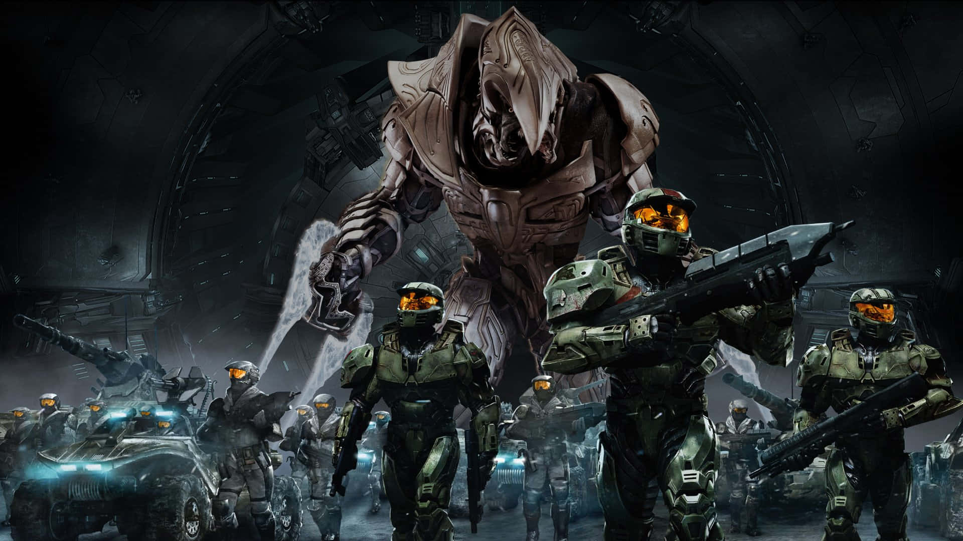 Cool Halo Soldiers With Giant Robot Background