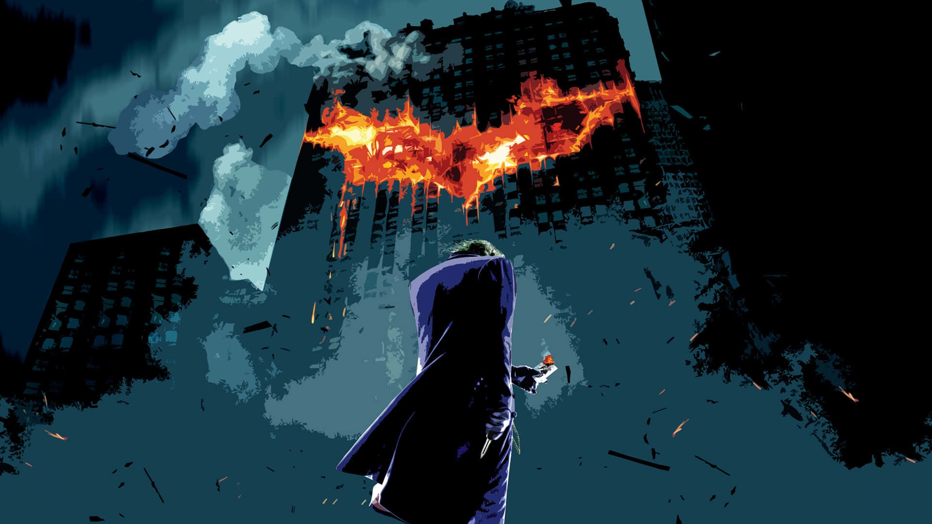 Cool Joker Under Fiery Batman Logo Background