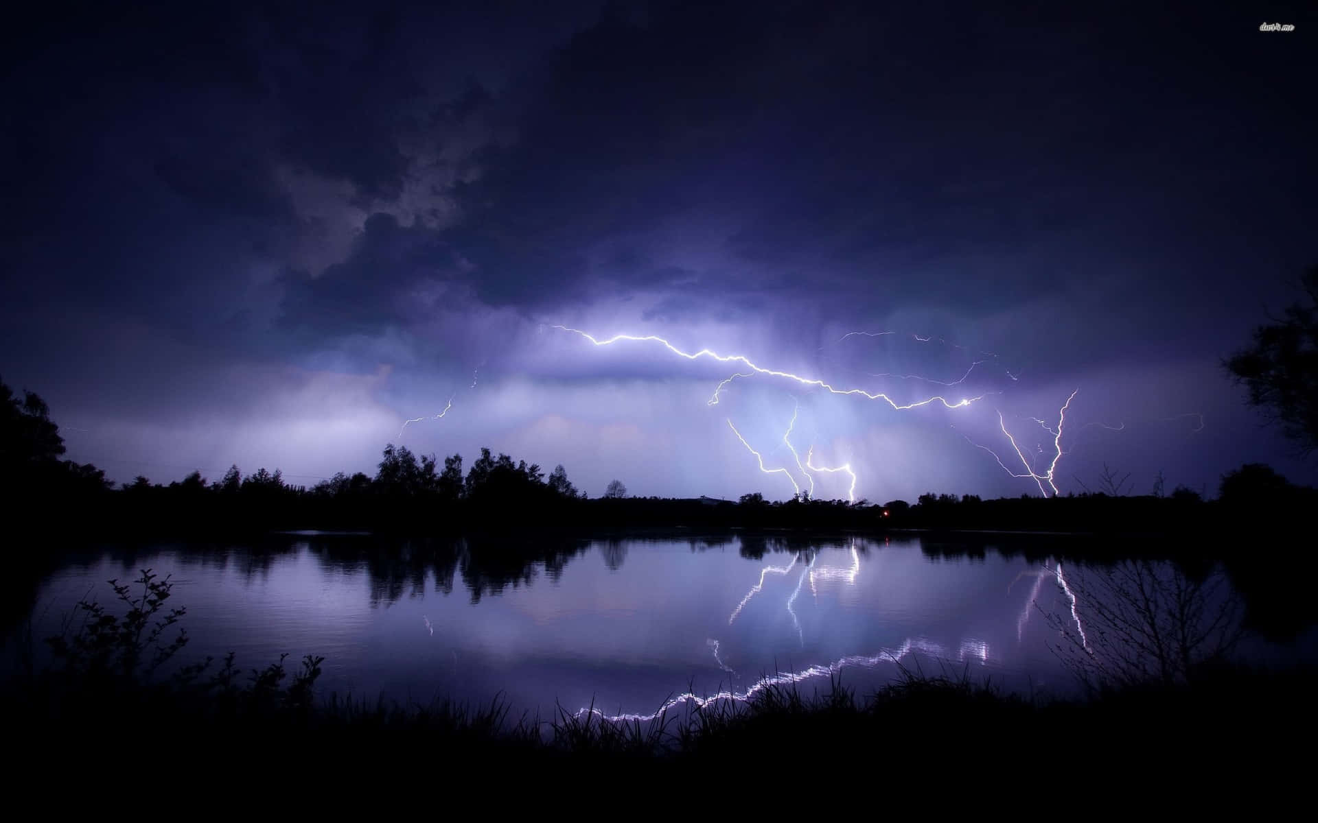 Cool Lightning Bolts Over The Lake Background