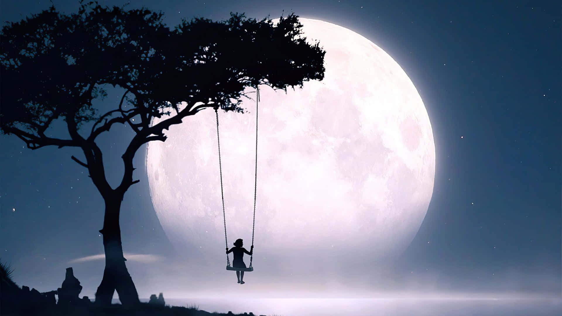 Cool Moon With Girl On Swing Background