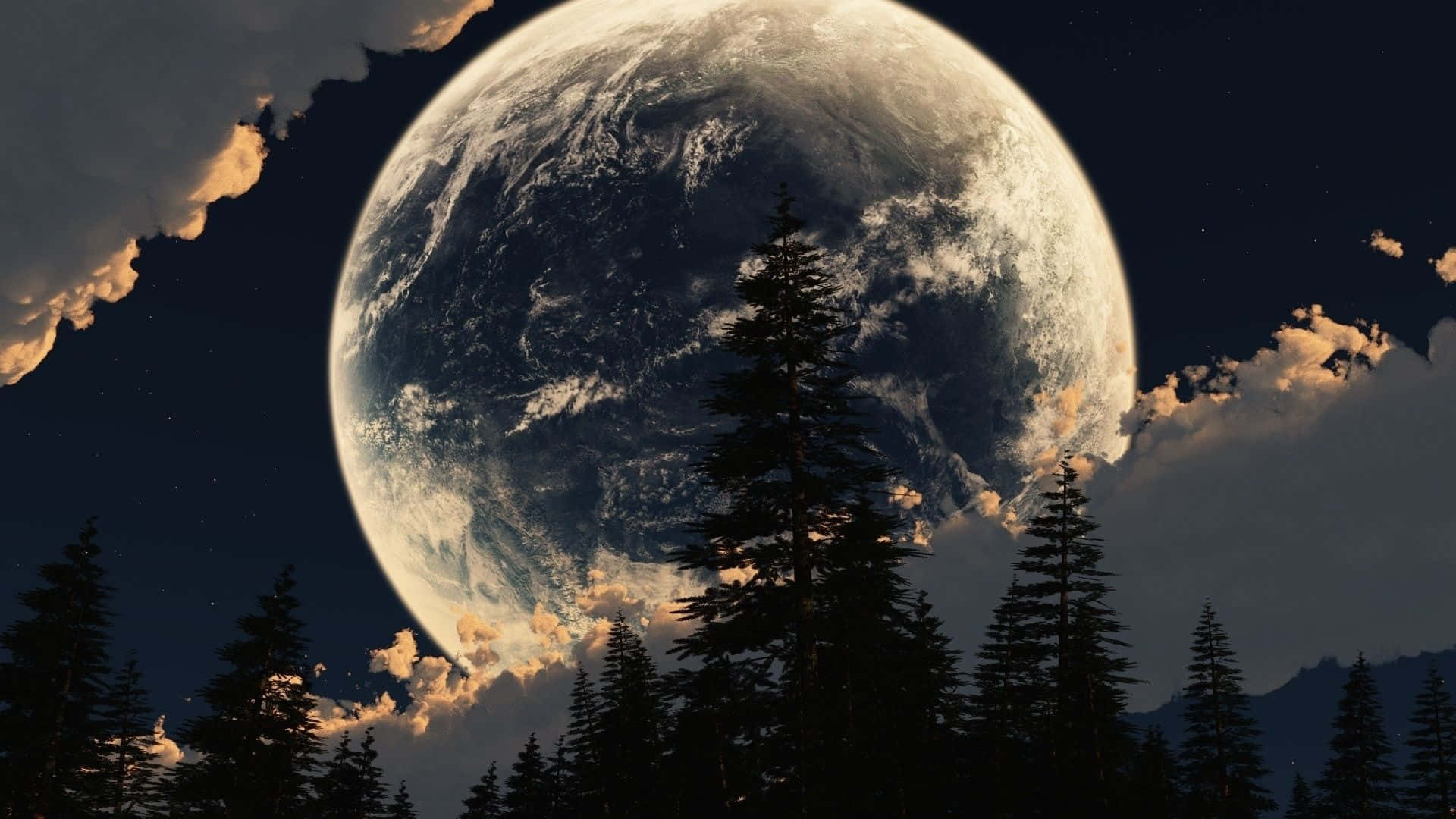 Cool Moon With Trees Silhouette Background