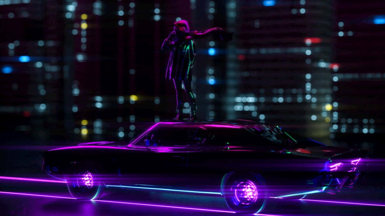 Cool Neon Car Woman On A Muscle Car