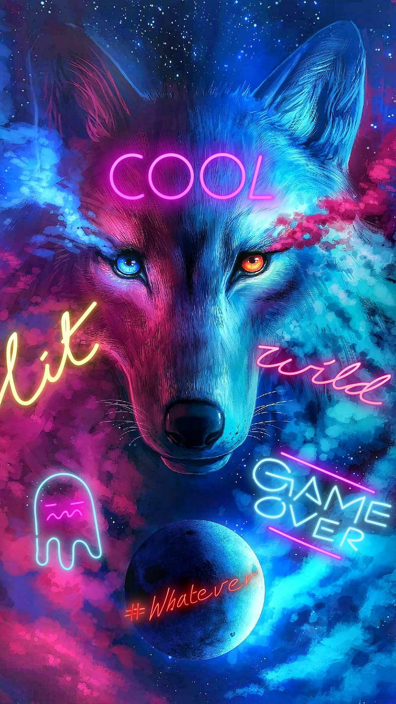 Cool Neon Lights And Galaxy Wolf Background