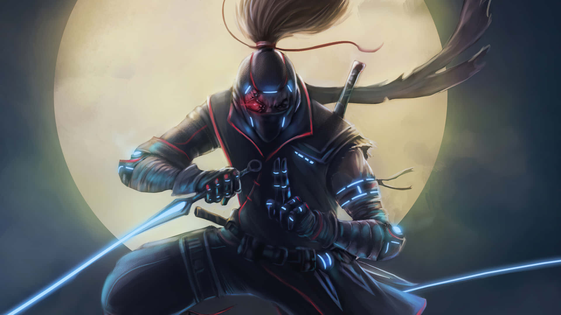 Cool Ninja In Armor At Full Moon Background