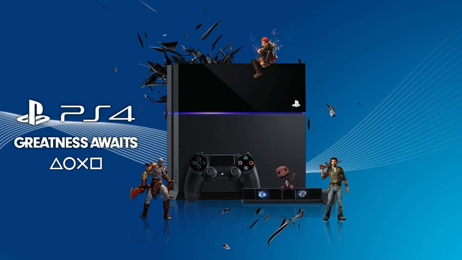 Cool Ps4 Game Characters Surrounding Console With Quotes Background