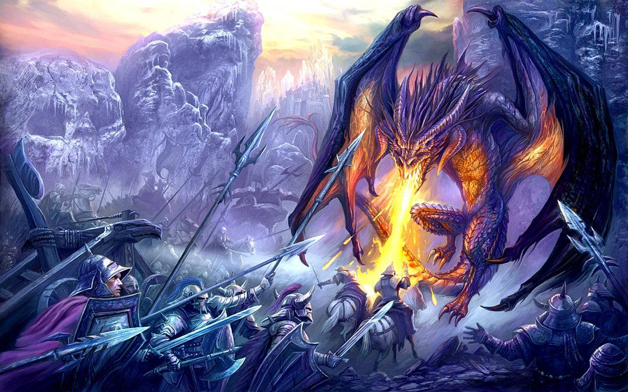 Cool Purple Dragon And Knights Background