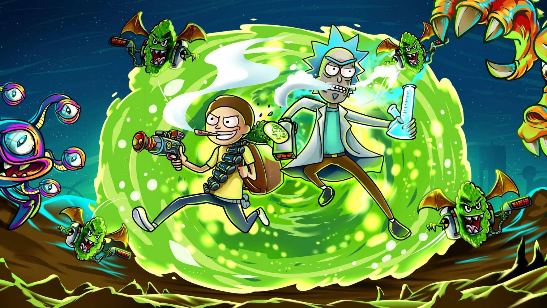 Cool Rick And Morty Fighting Aliens Background