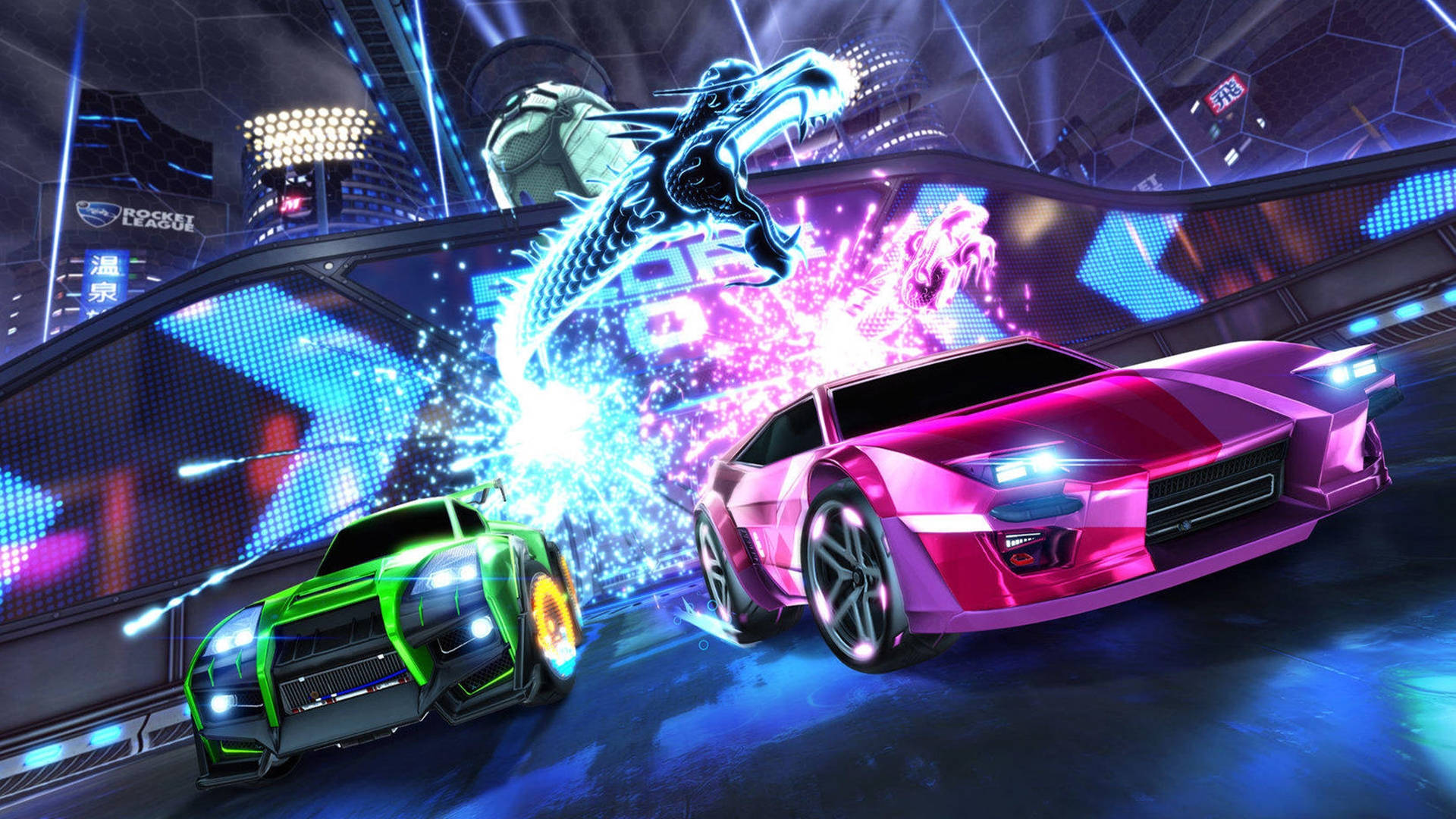 Cool Rocket League Green And Pink Cars Background