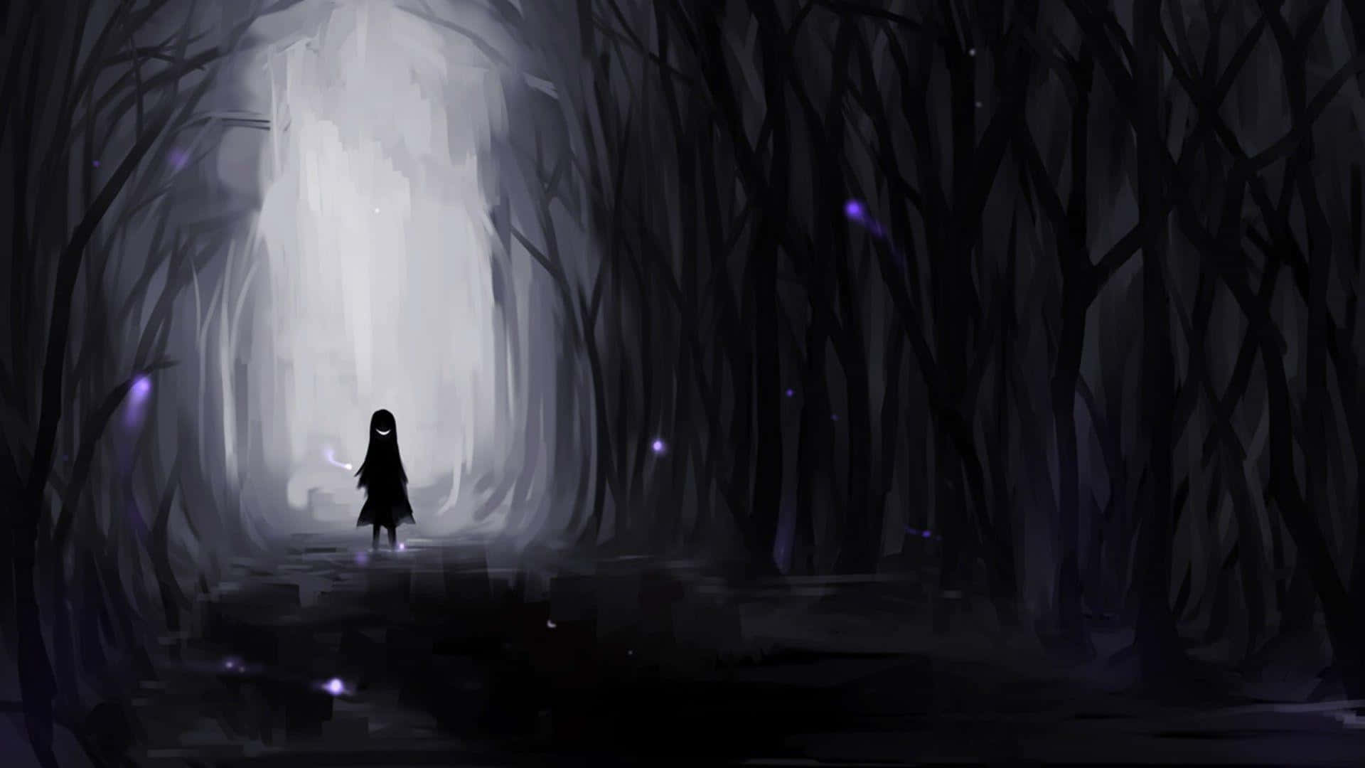 Cool Sad Anime Girl Silhouette In A Dark Forest Background