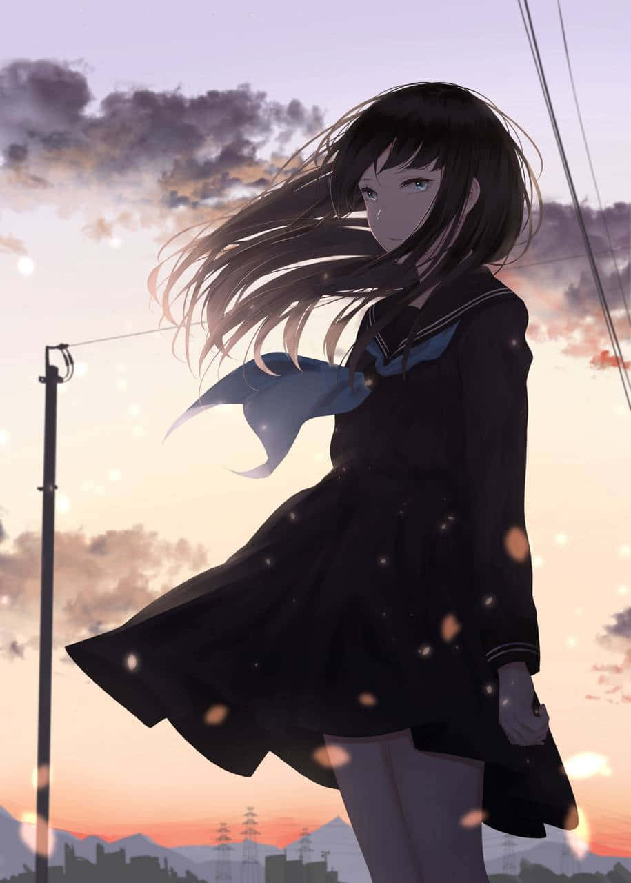 Cool Sad Anime School Girl On A Windy Day Background