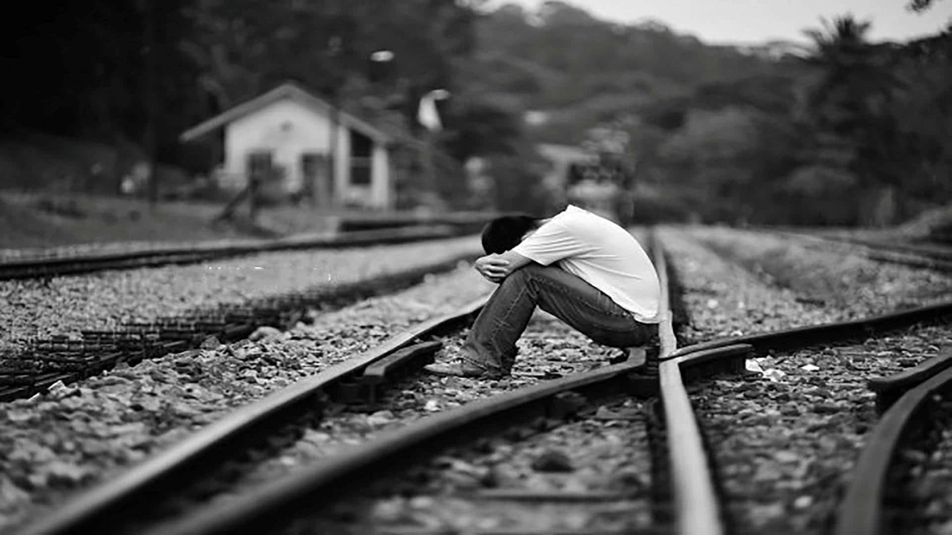 Cool Sad Boy On Train Tracks Background