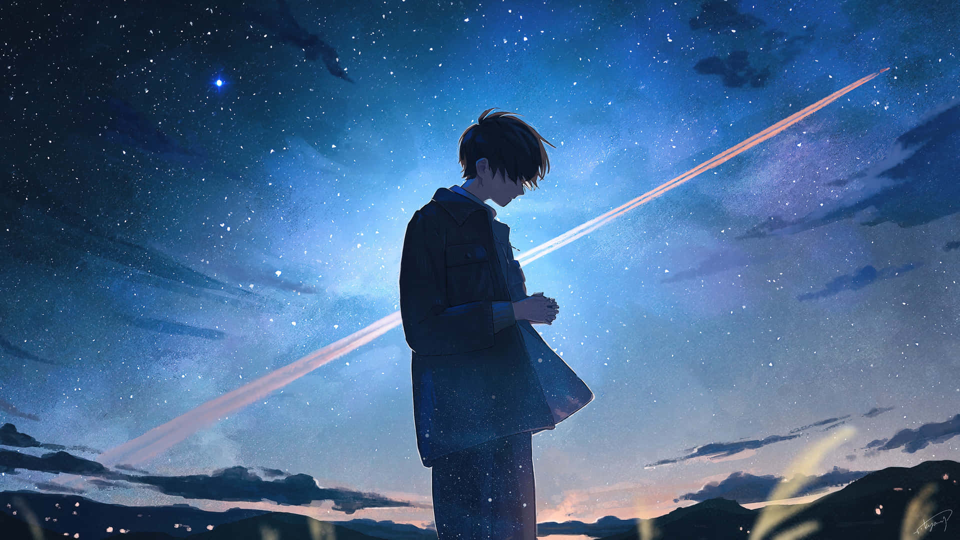 Cool Sad Boy Under The Stars Background