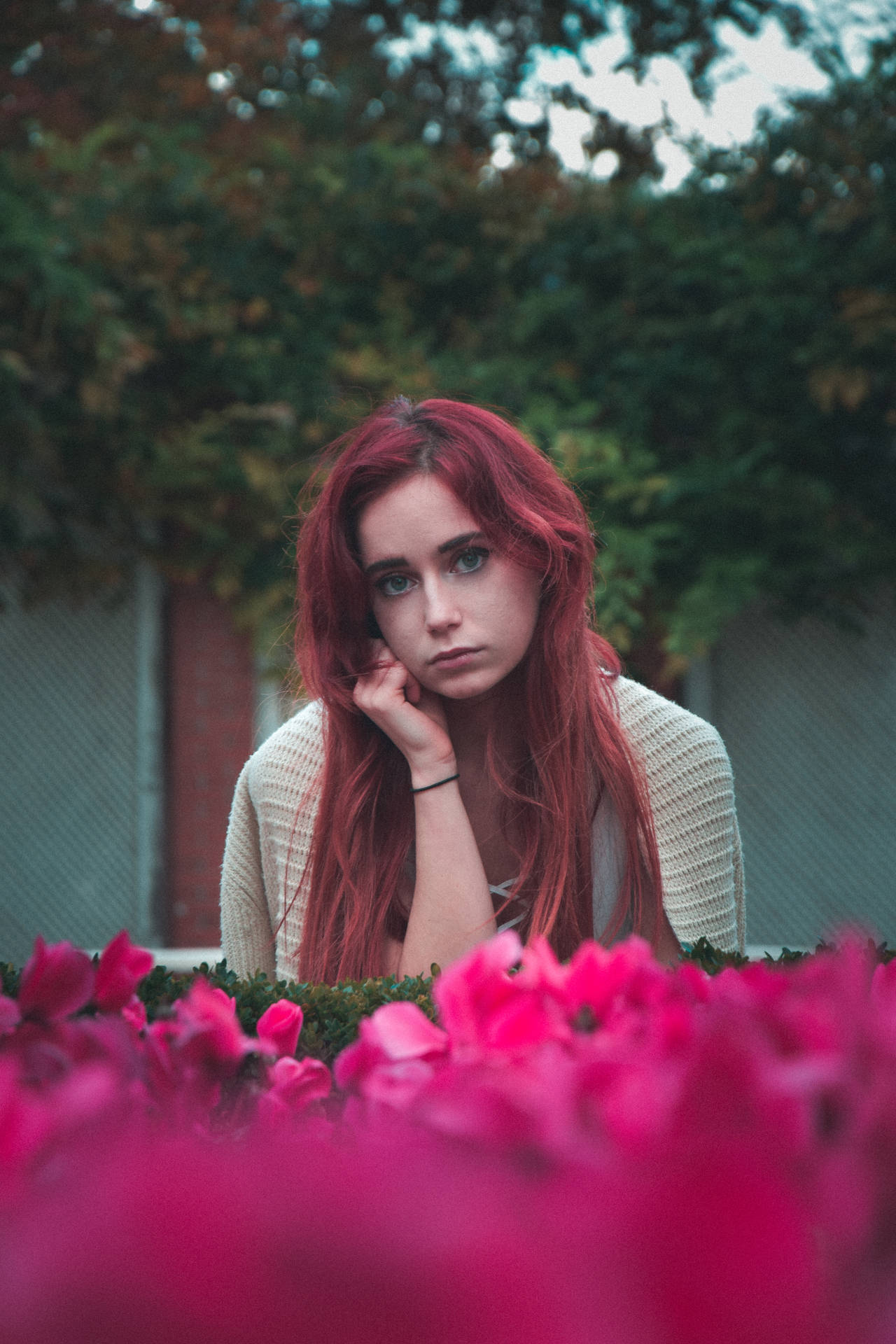 Cool Sad Girl With Flowers Background