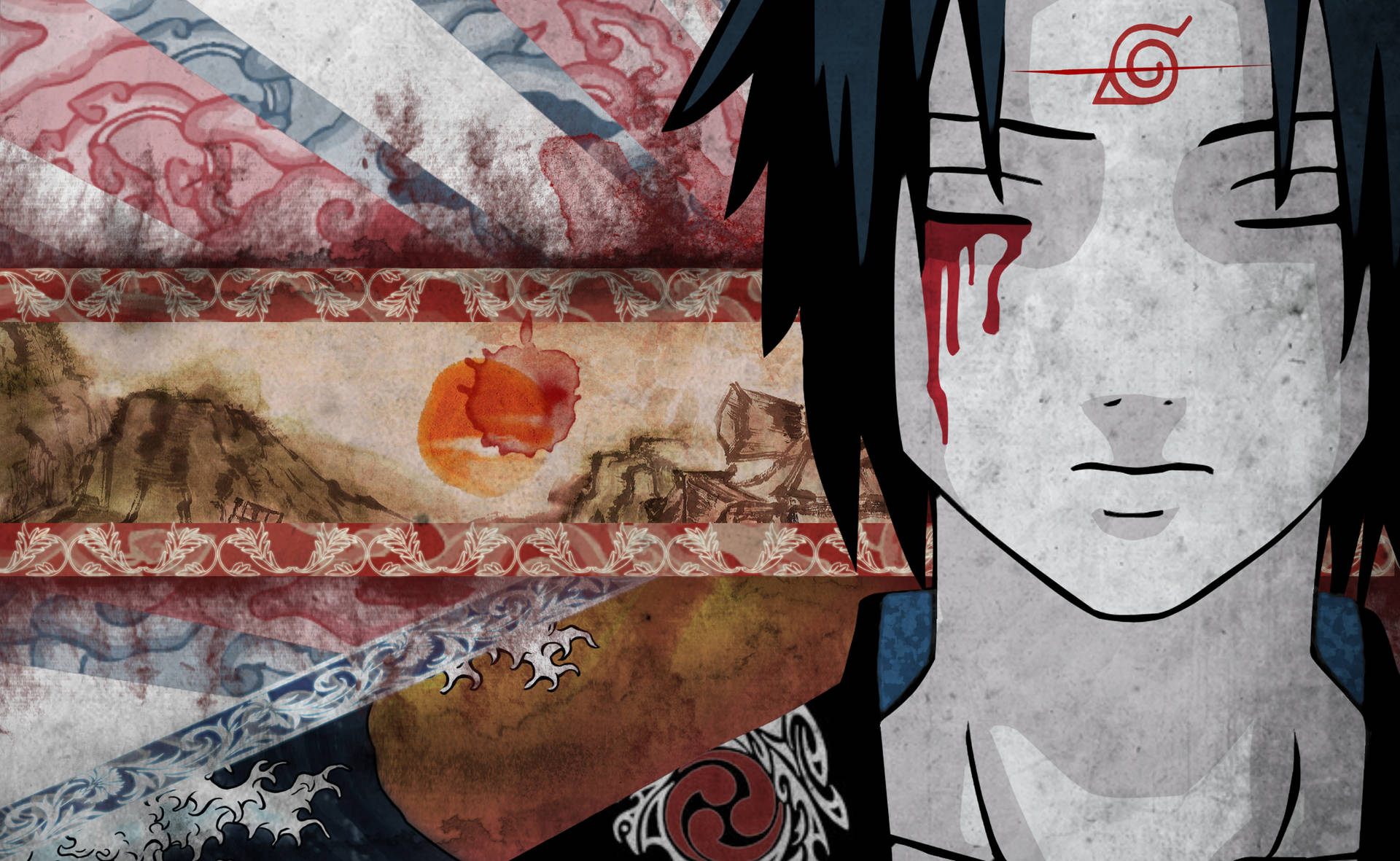 Cool Sasuke Crossed Konoha Symbol Background