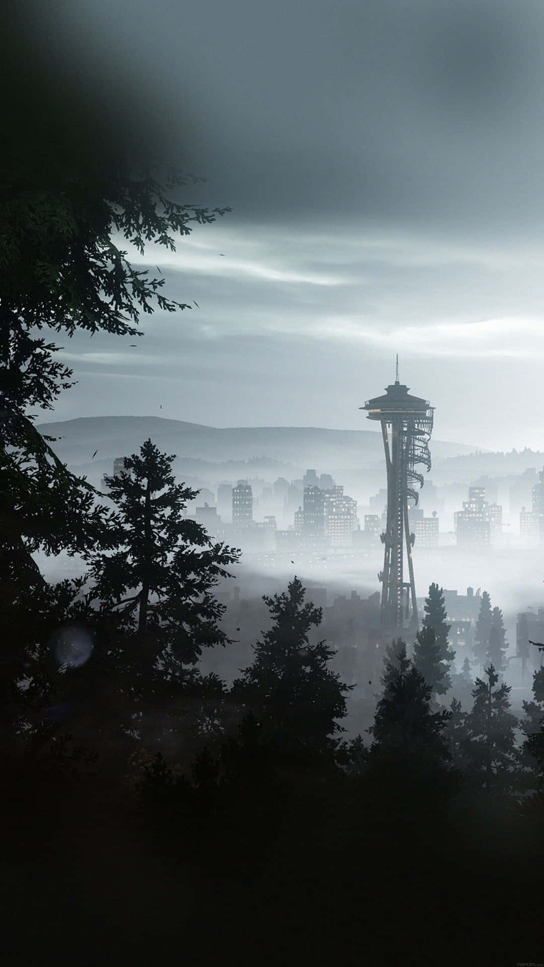 Cool Seattle City Under Dark Clouds Background