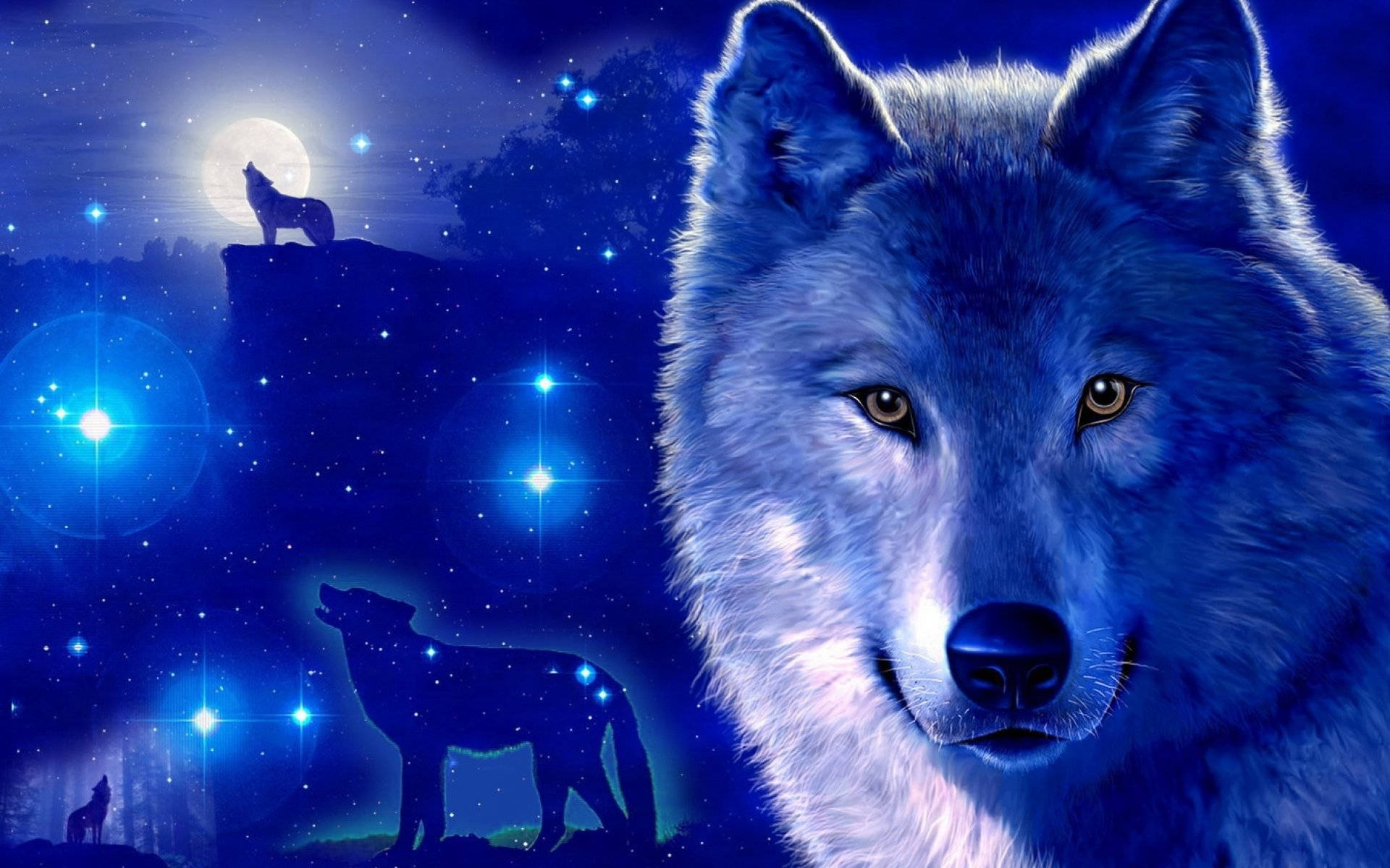 Cool Sparkly Blue Night Galaxy Wolf Background