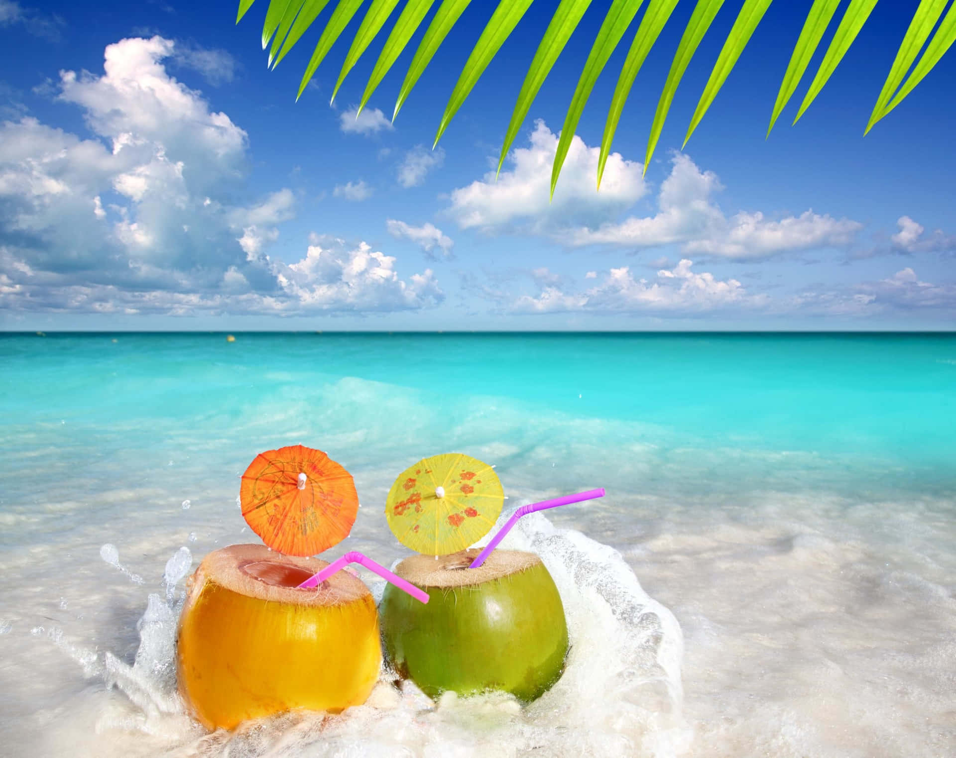 Cool Summer Coconut Drinks By The Beach Background