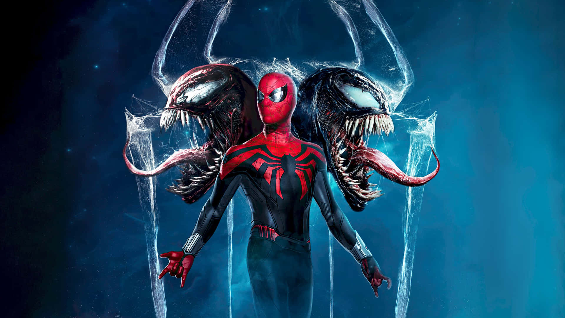 Cool Venom Vs Carnage Spdierman Inthe Middle Background
