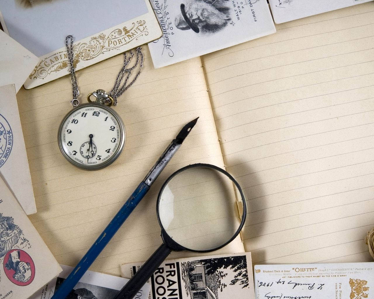 Cool Vintage Desk With Writing Materials Background