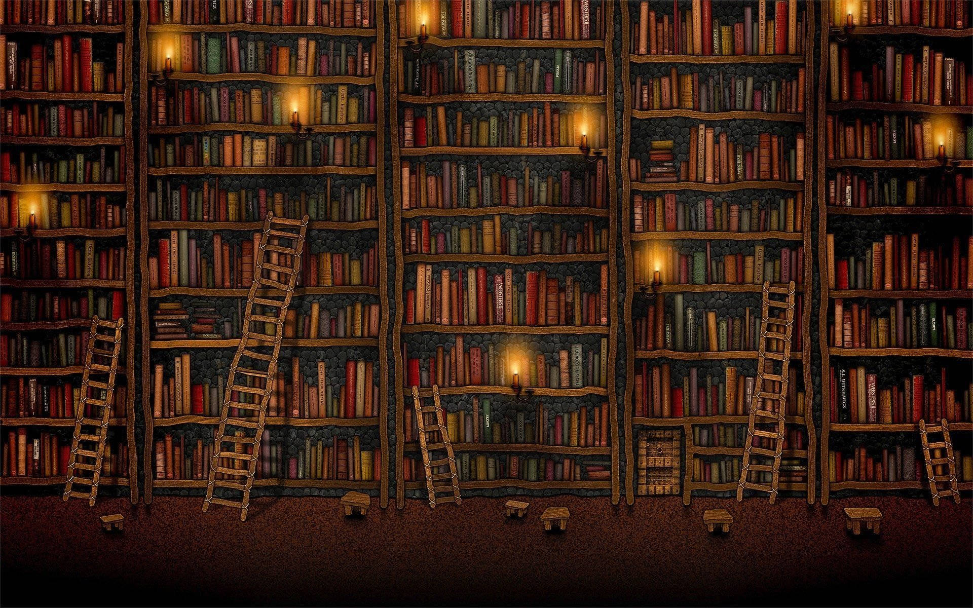 Cool Vintage Library With Lamp And Ladders Background