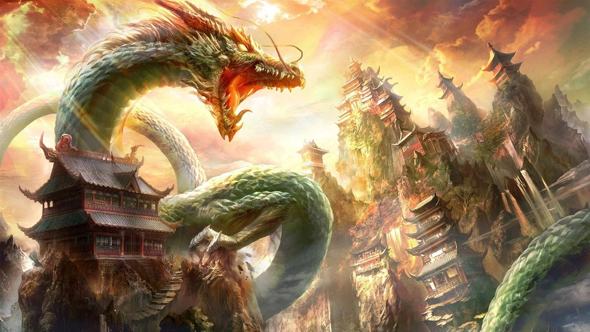 Coolest Dragon Attacks Chinse Temples Background