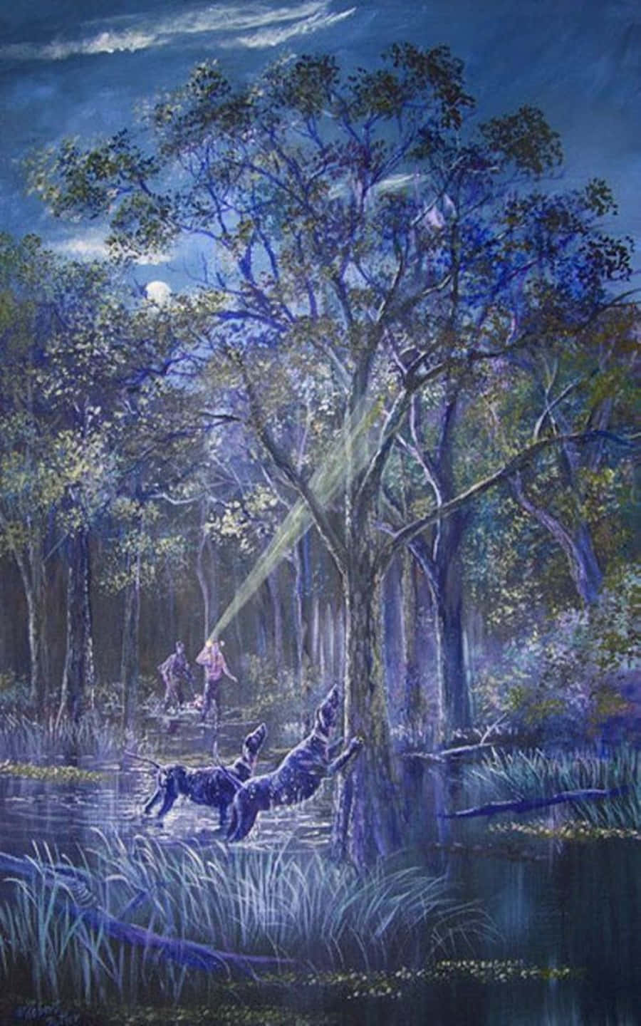 Coon Hunting Dogs Barking Tree Painting Background