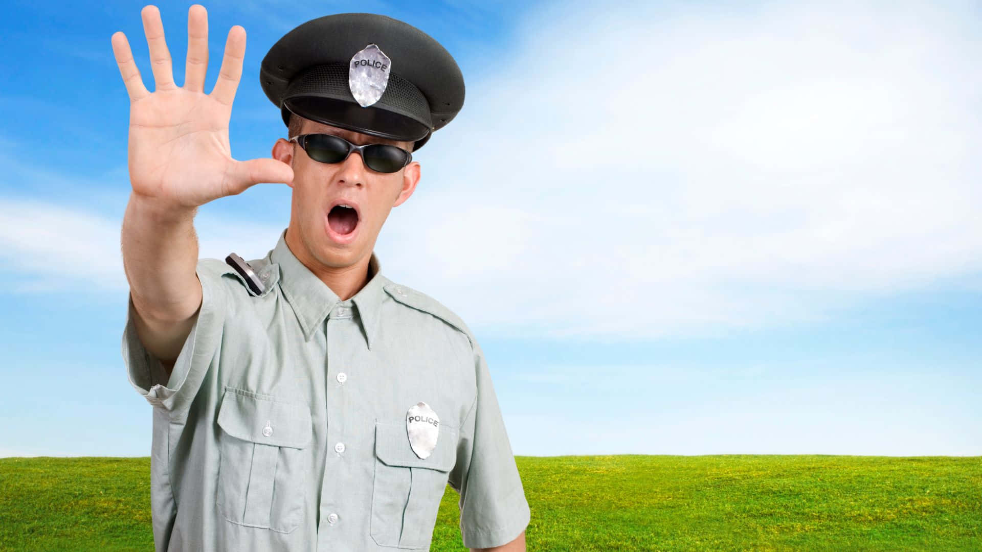 Cop Police Officer With Stop Hand Gesture Background