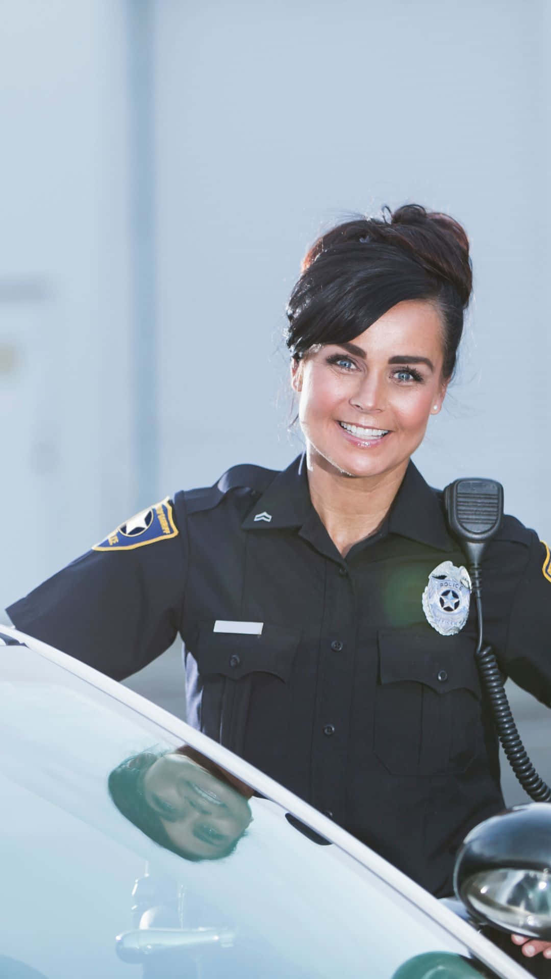 Cop Policewoman Smiling Standing Beside Vehicle Background