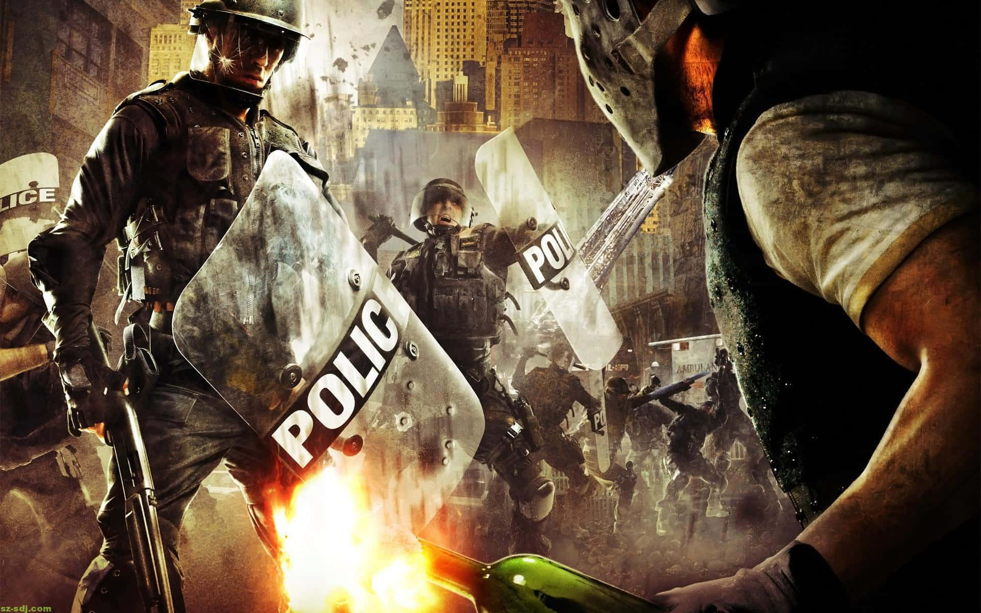 Cop With Shields In Urban Chaos Background