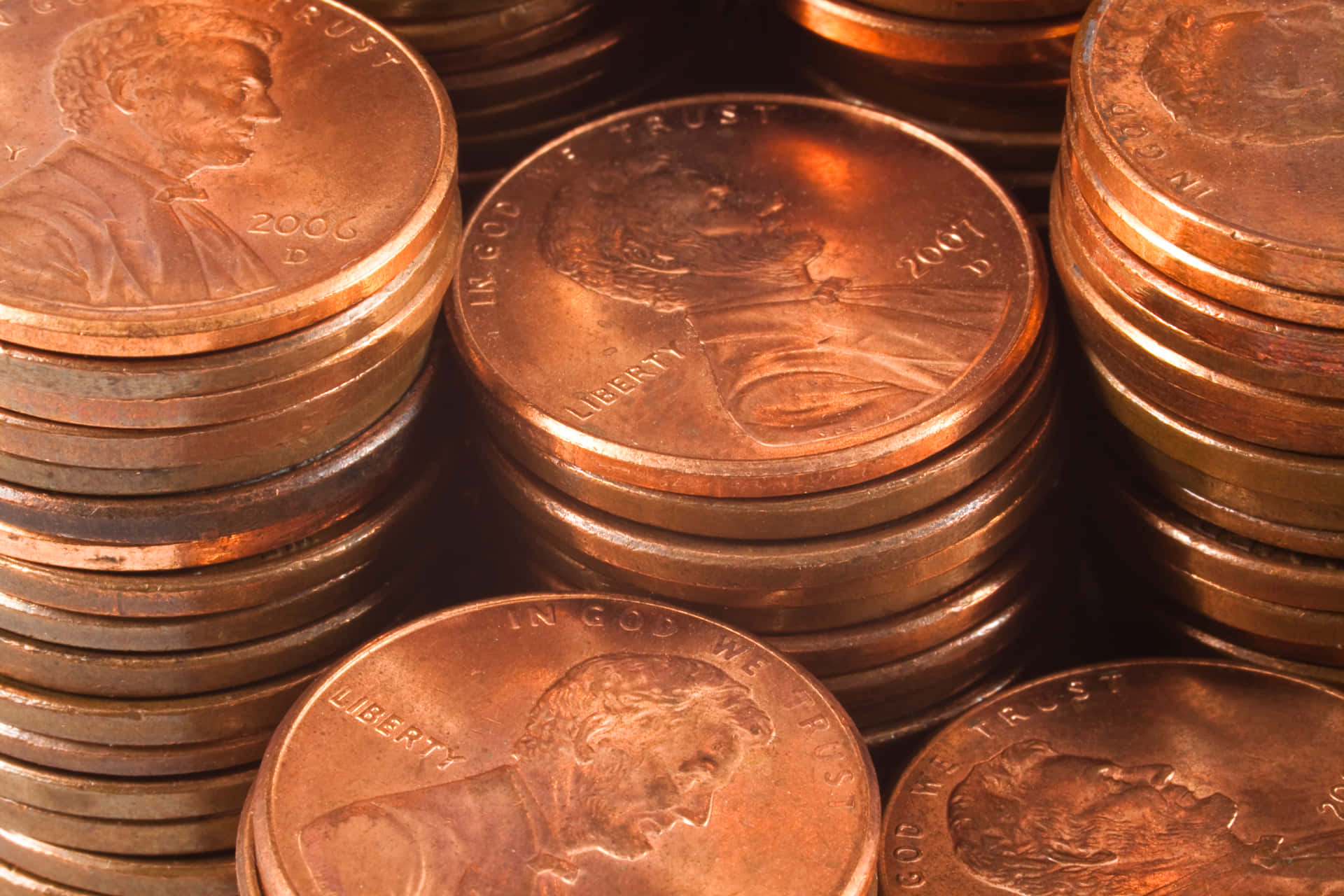 Copper Penny Stacks Closeup Background