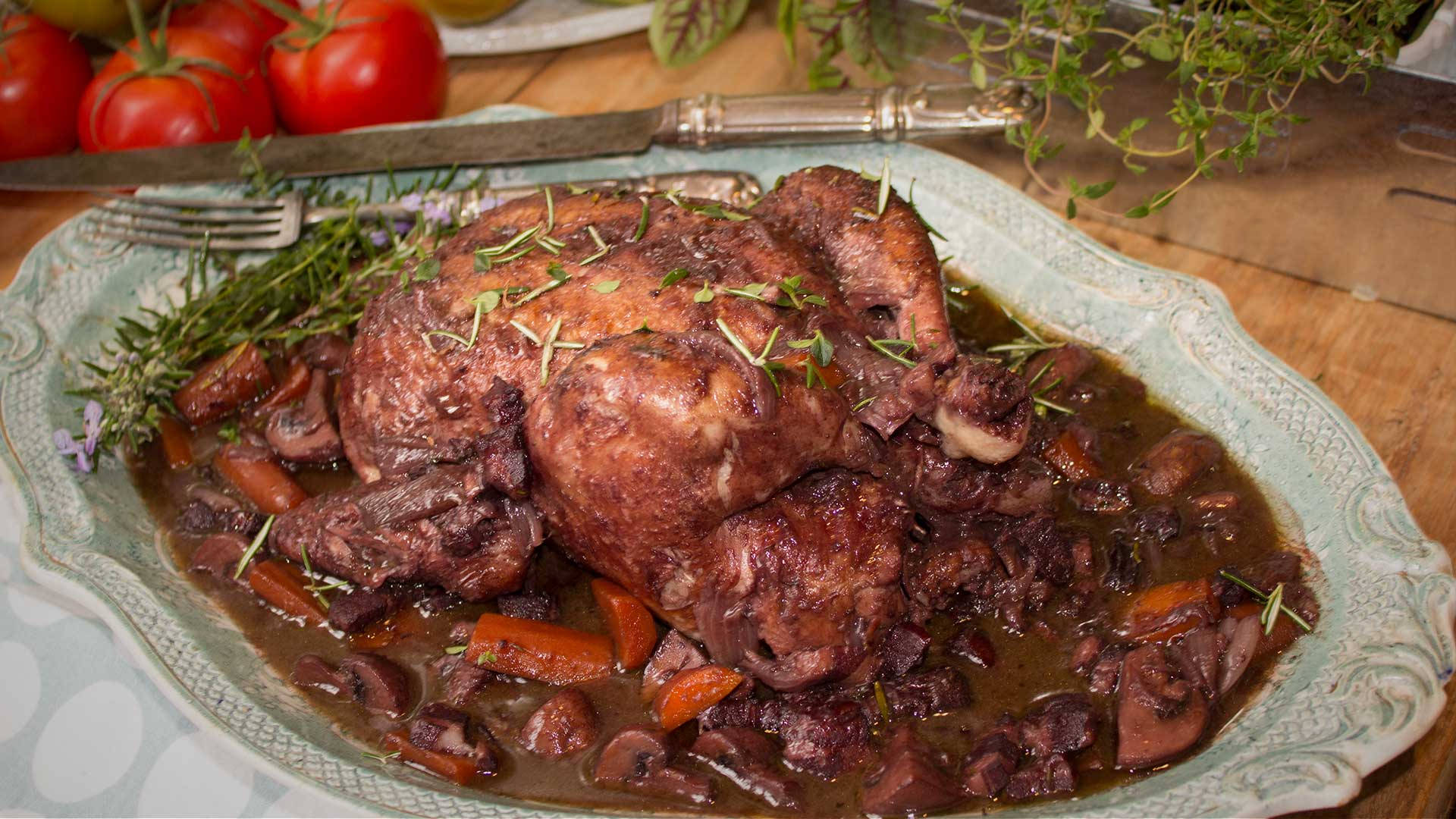 Coq Au Vin Made With Whole Braised Chicken