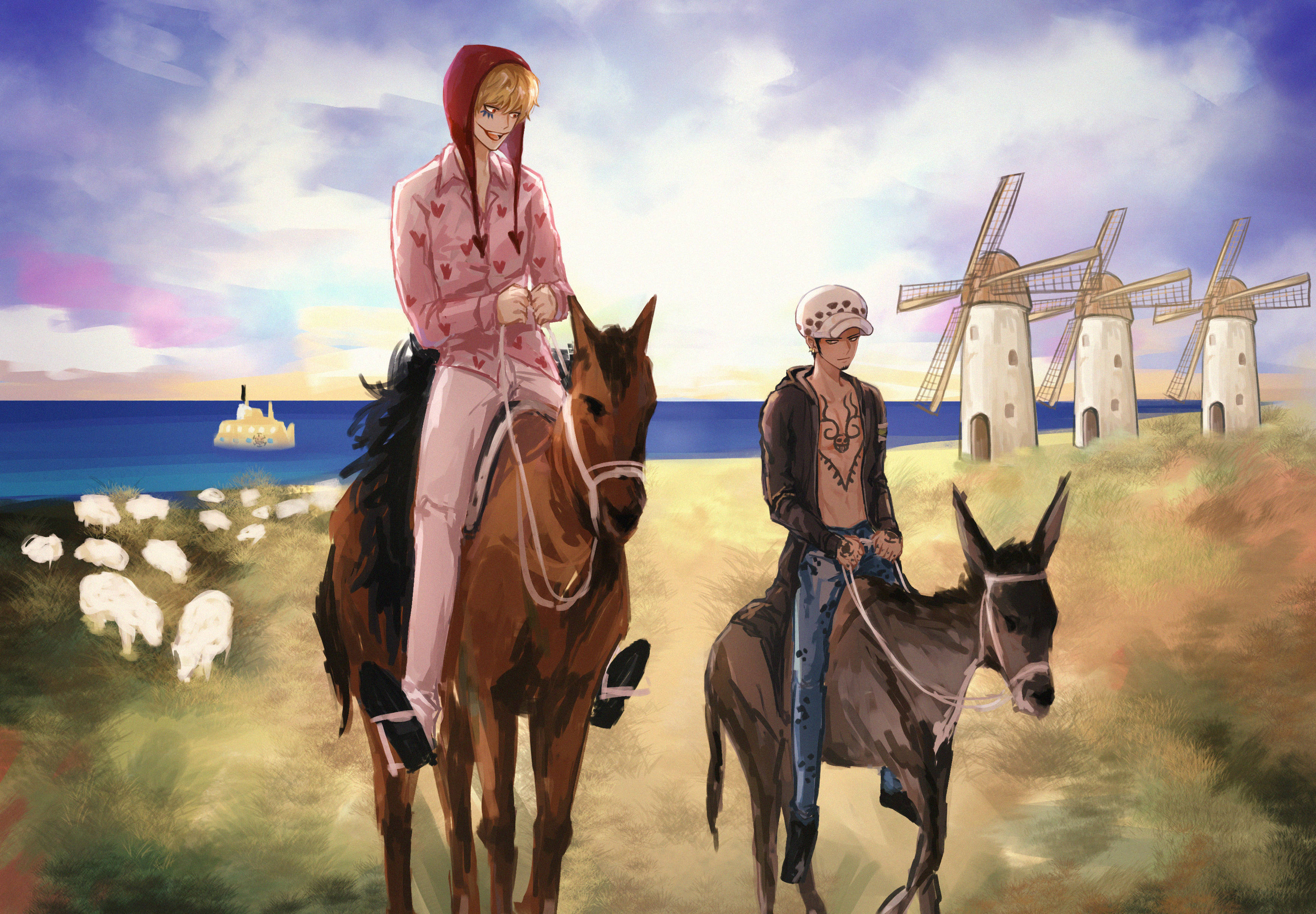Corazon And Trafalgar Law One Piece Riding Horses Background