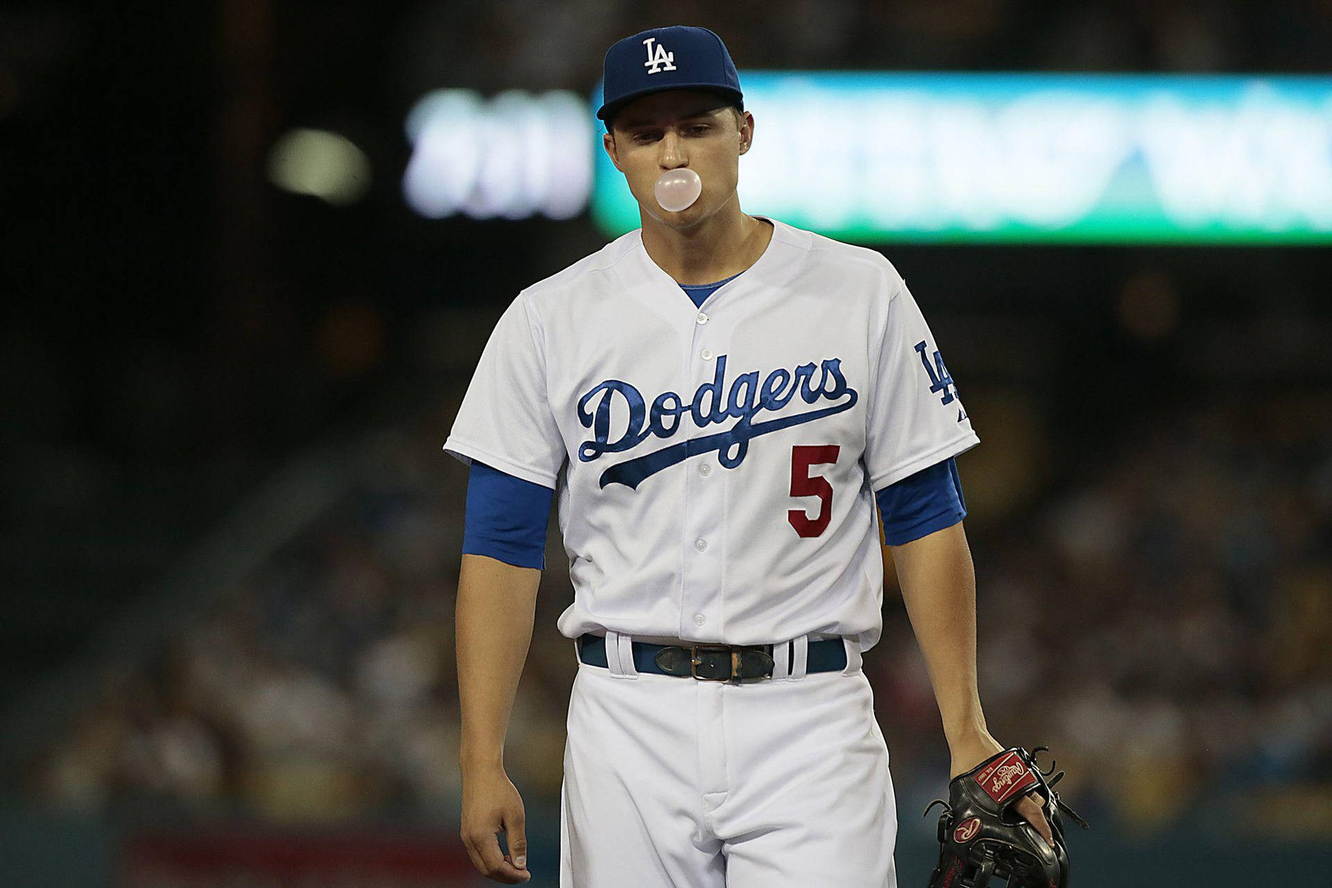 Corey Seager Blowing Bubblegum During Game