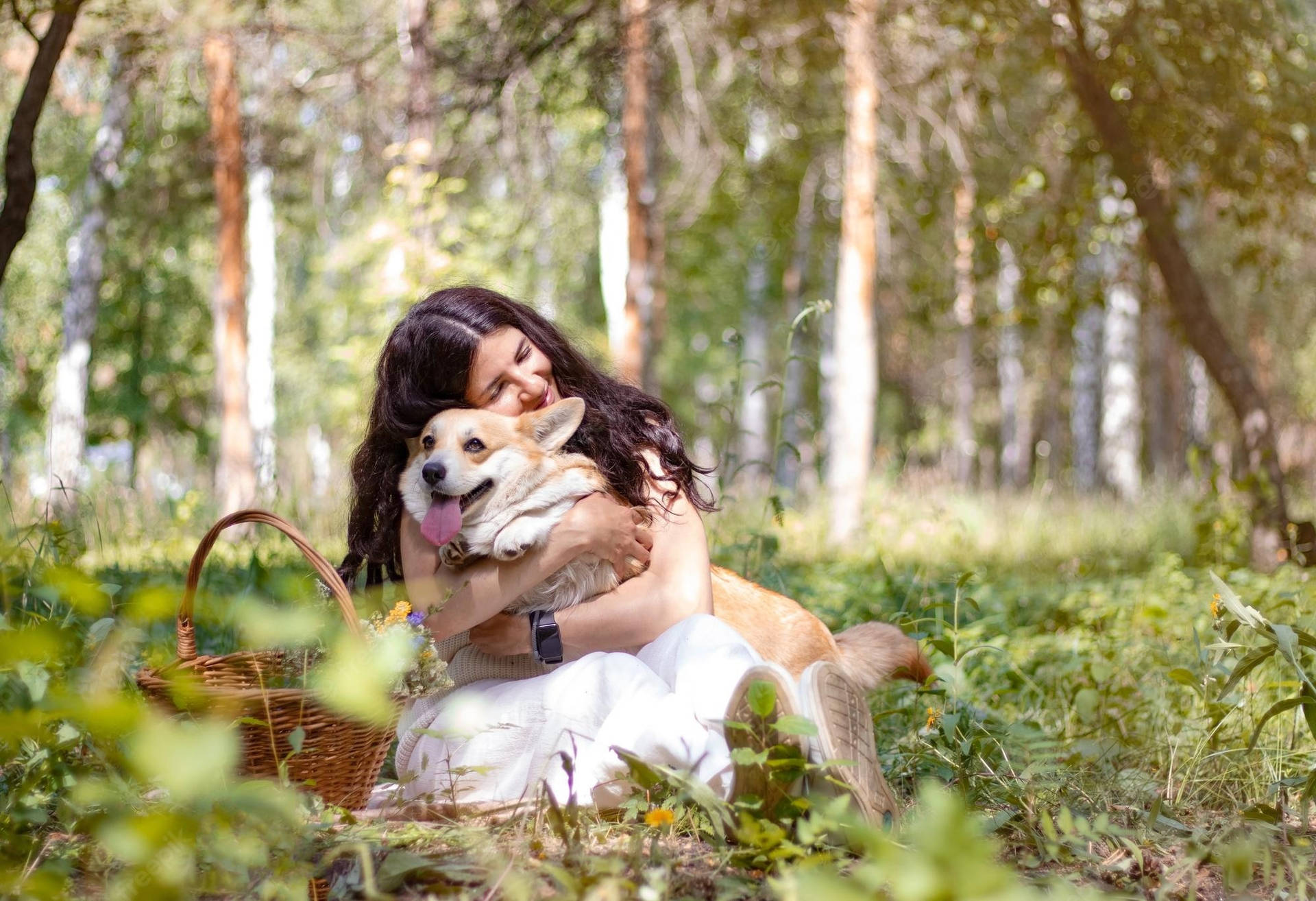 Corgi Puppy Dog And Girl Background