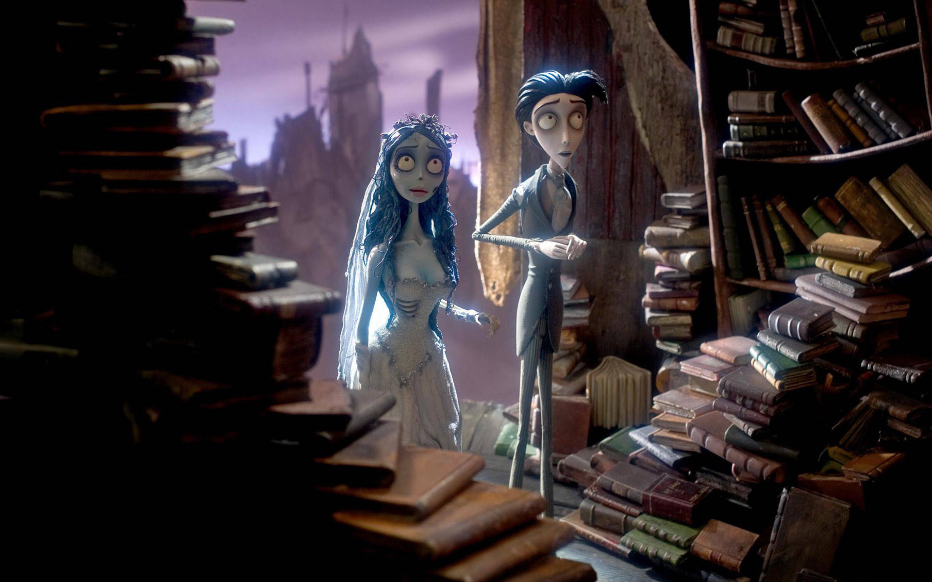 Corpse Bride And Victor In A Library Background