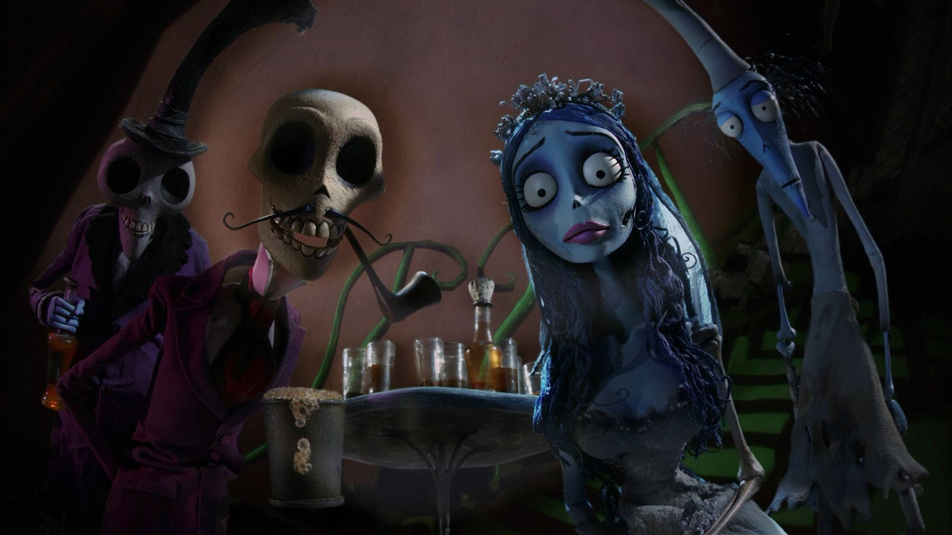 Corpse Bride Emily And Skeleton Friends Background