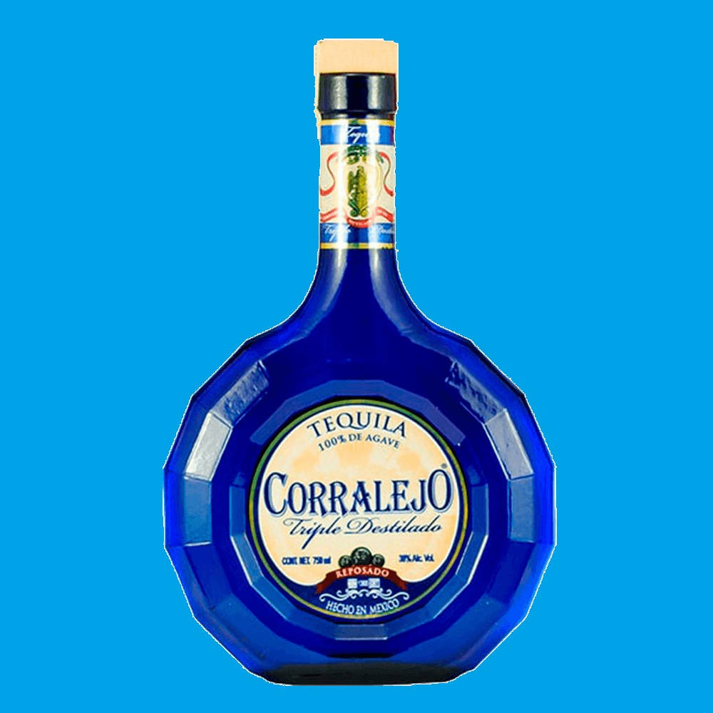 Corralejo Reposado Tequila Triple Distilled Blue Bottle Background