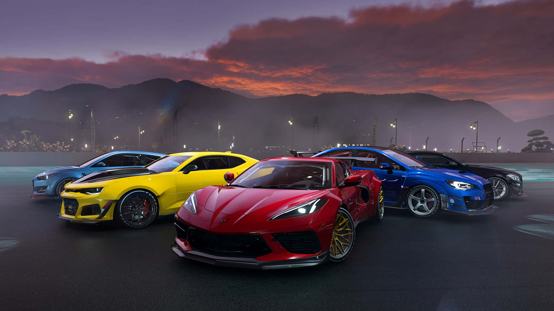 Corvette_ C8_ Amidst_ Sports_ Cars_at_ Dusk Background