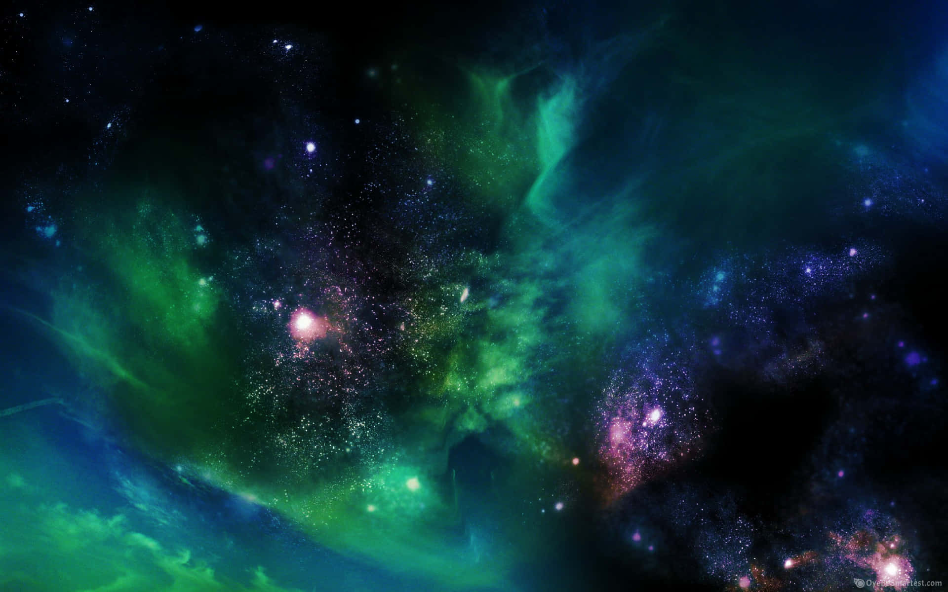 Cosmic Green Galaxy Clouds Pink Stars