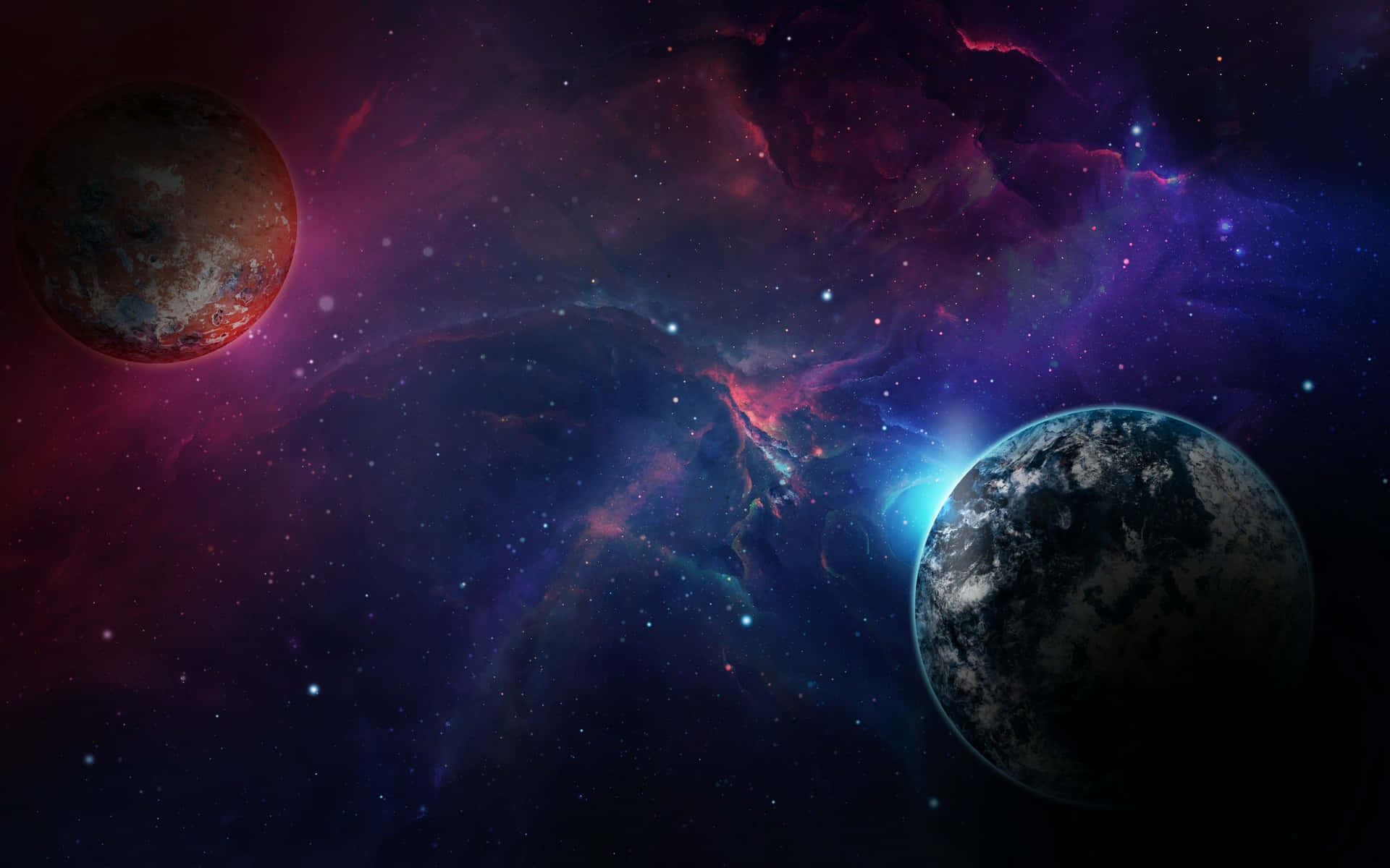 Cosmic Two Planets Black Red Background