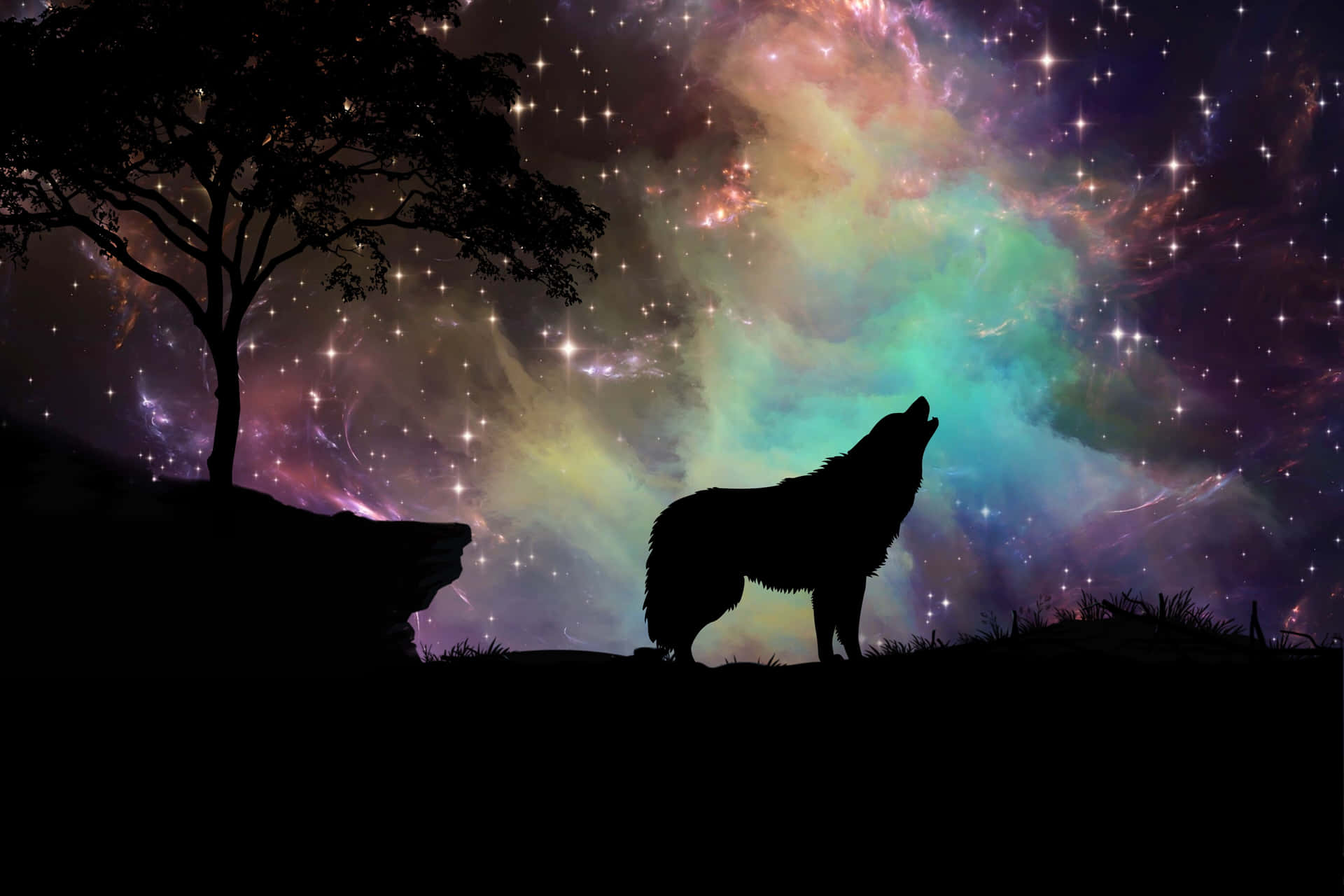 Cosmic Wolf Silhouette Background